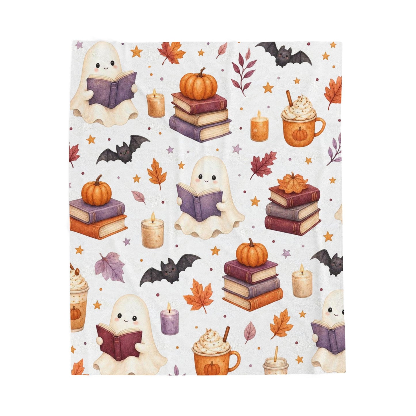 Reading Ghost Pattern Velveteen Blanket, Cozy Autumn Book Lover Throw, Cute Halloween Ghost Blanket, Pumpkins Bats Fall Reading Gift