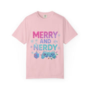 Merry and Nerdy T-Shirt, Unisex Gamer Tee, Holiday Gaming Shirt, Fun Christmas Apparel, Gift for Nerds, Cozy Casual Style