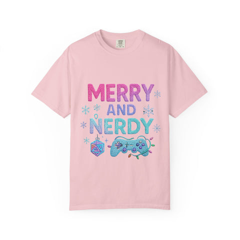 Merry and Nerdy T-Shirt, Unisex Gamer Tee, Holiday Gaming Shirt, Fun Christmas Apparel, Gift for Nerds, Cozy Casual Style