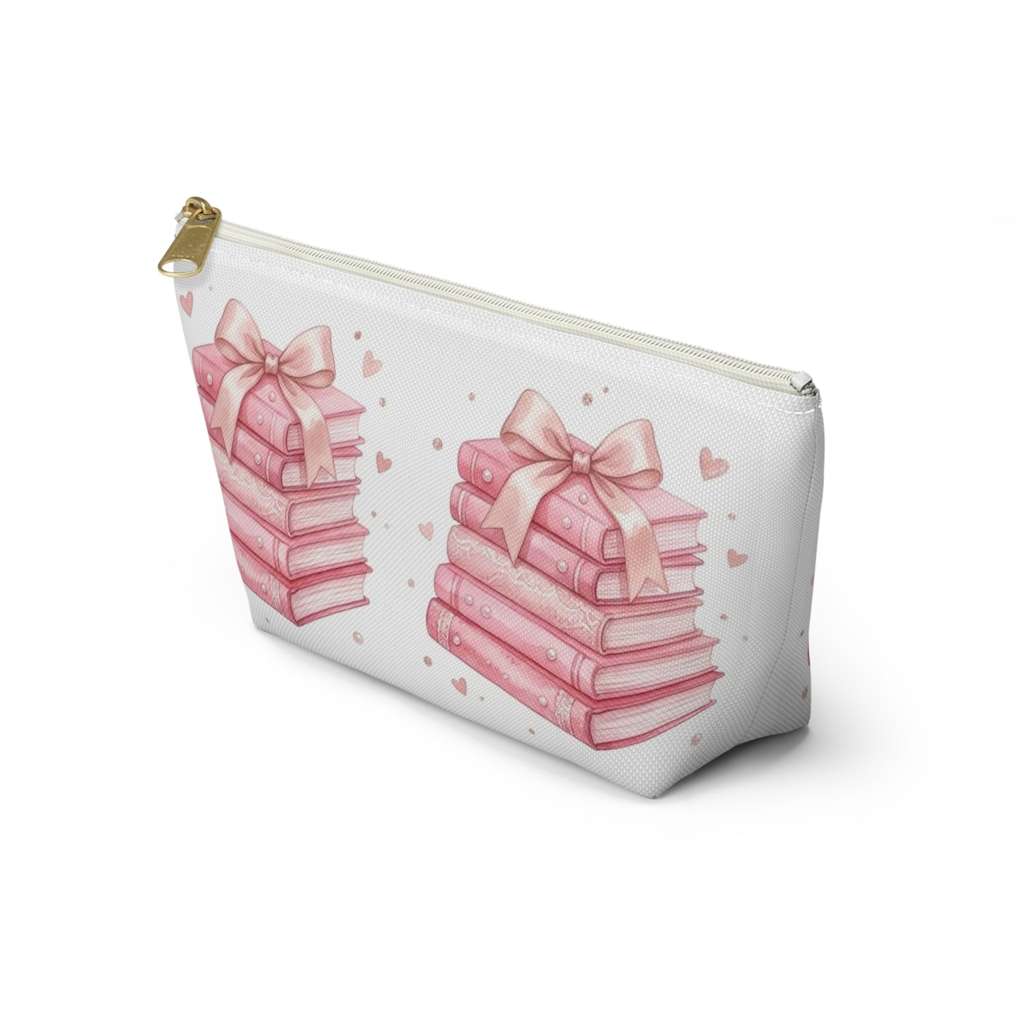 Stacked Pink Books with Bow Accessory Pouch | Cute Book Lover Cosmetic Bag