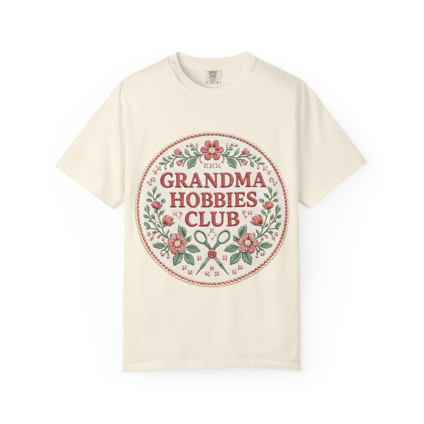 Grandma Hobbies Club T-shirt | Floral Needlework Scissors Embroidery Design
