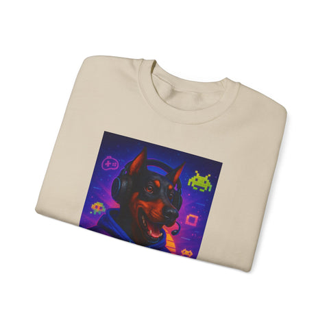 Gaming Doberman Graphic Crewneck Sweatshirt | Retro Arcade Dog Gamer