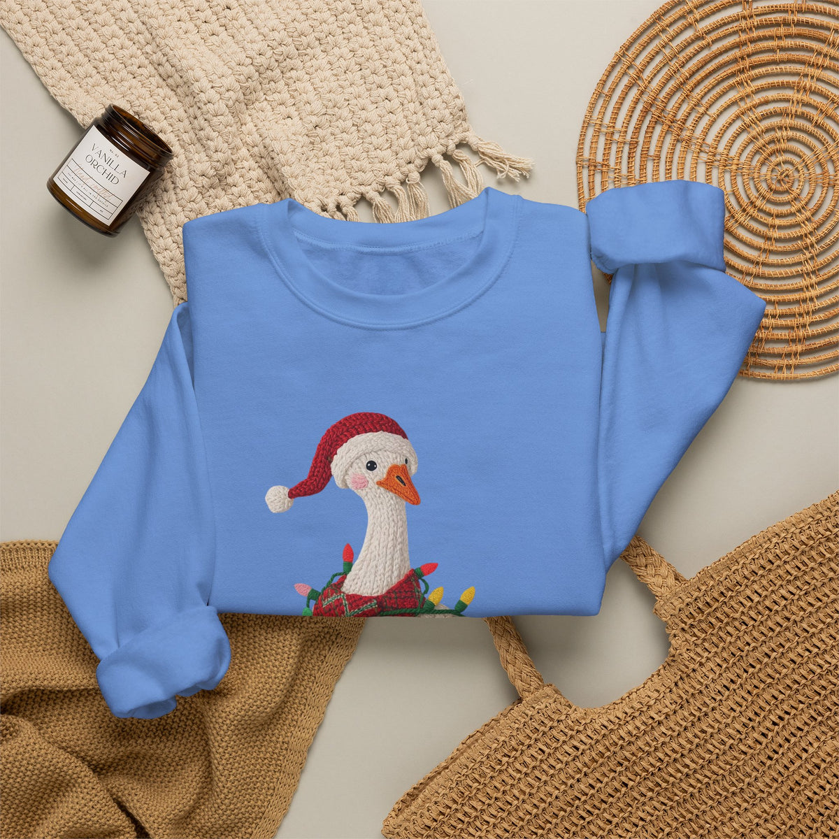 Christmas Goose Wearing Santa Hat Crewneck Sweatshirt | Holiday Duck in Lights