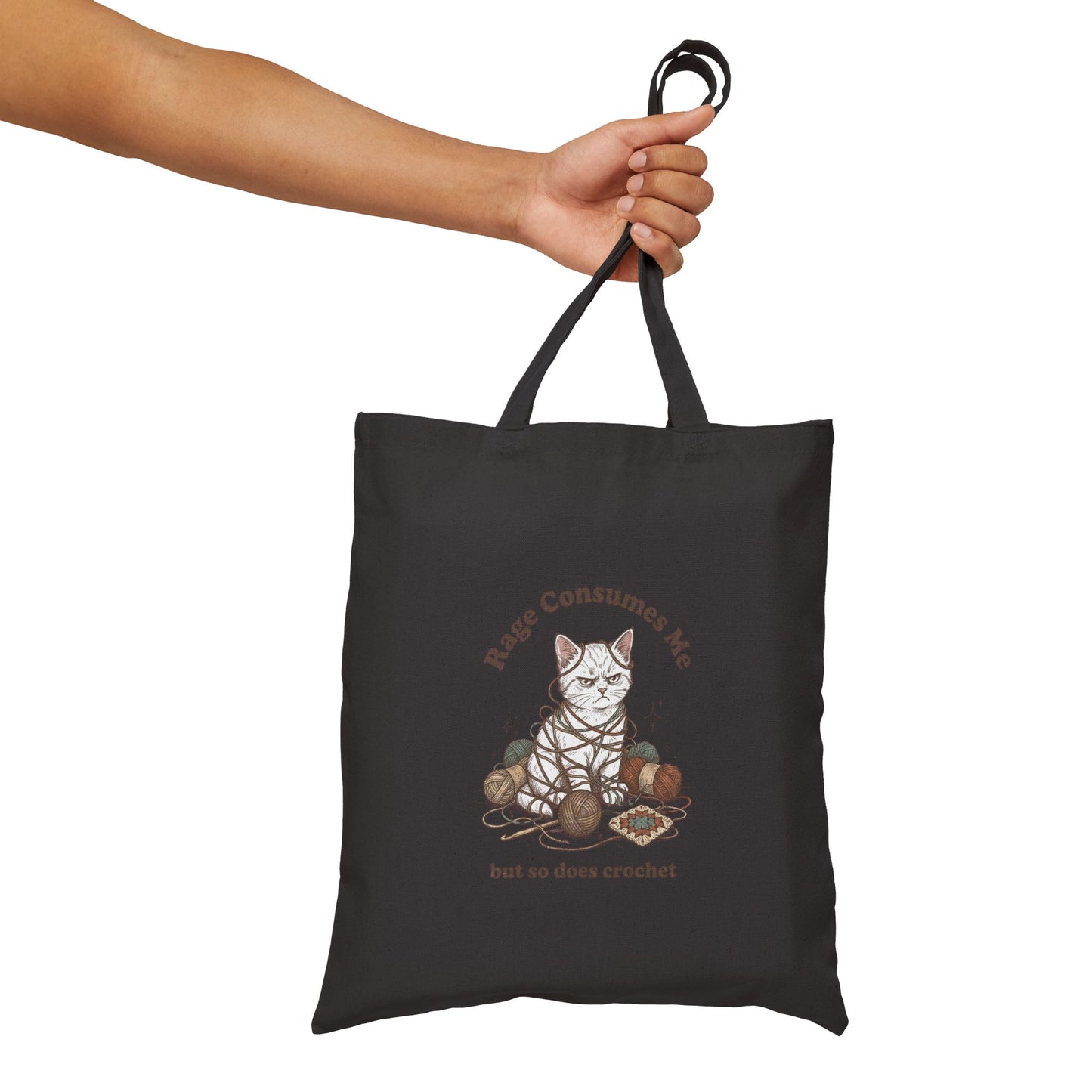Rage Consumes Me Crochet Tote Bag, Funny Yarn Lover Canvas Tote, Grandma Hobbies Bag, Crochet Cat Market Bag, Knitting Gift