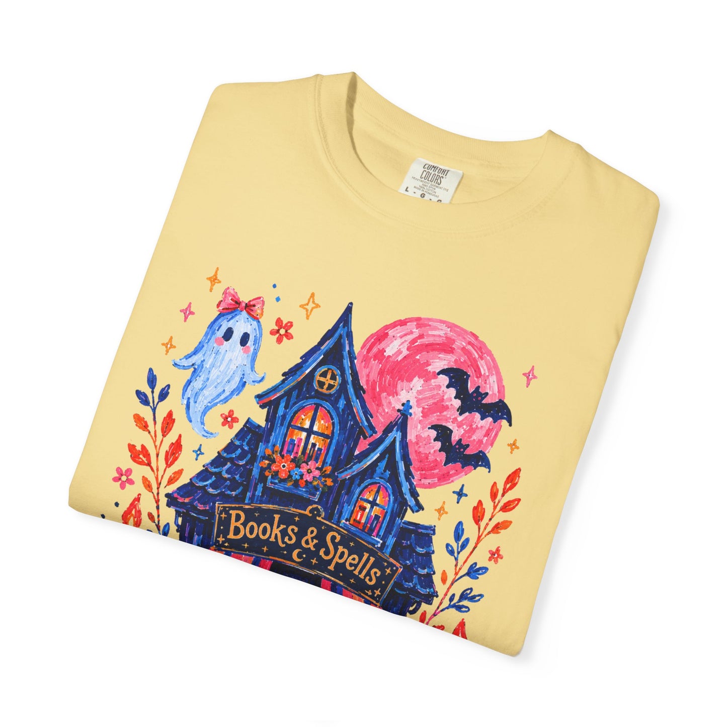 Books & Spells T-Shirt, Witchy Bookstore Halloween Shirt, Cozy Book Lover Tee, Black Cat Ghost Pumpkin Graphic, Booktok Fall Shirt
