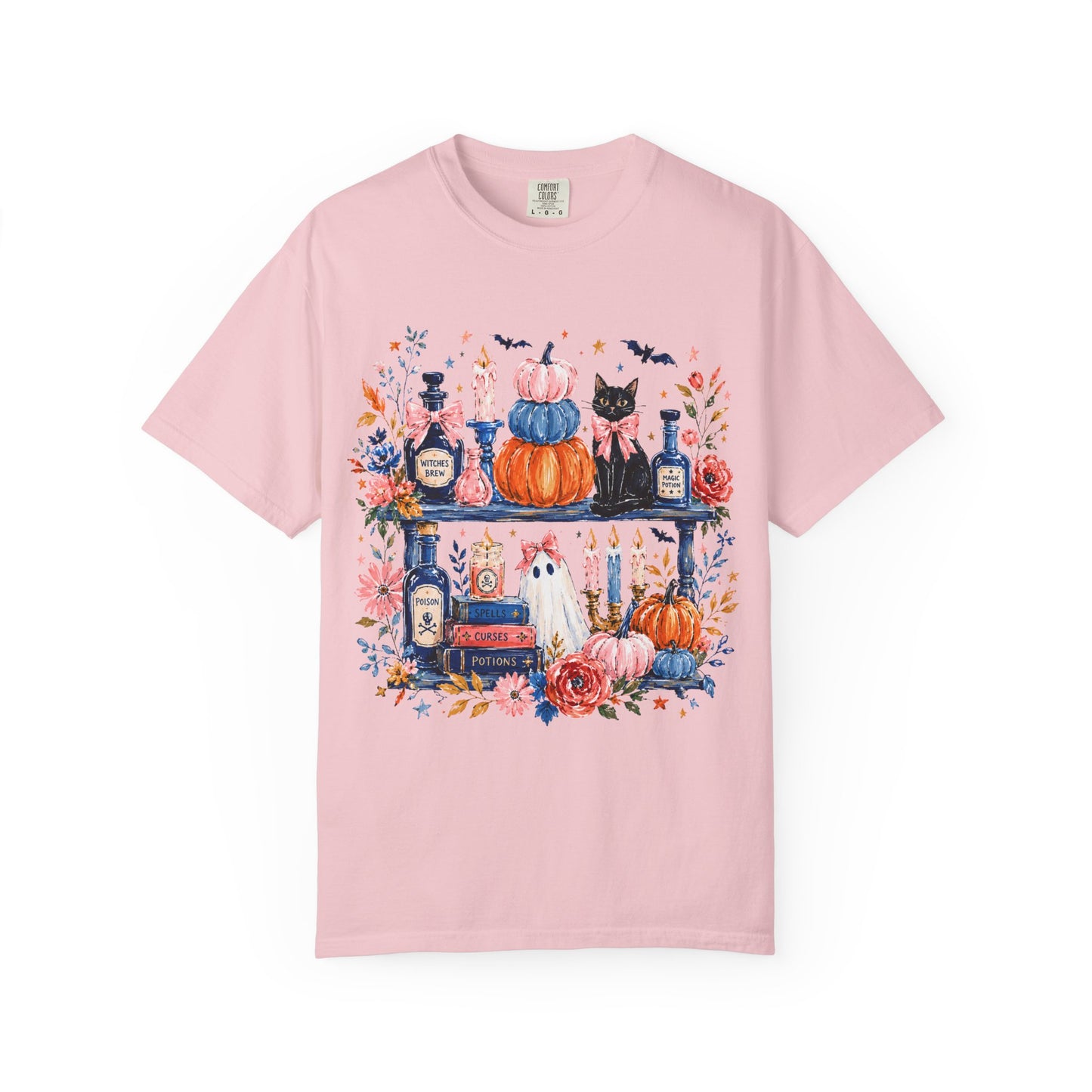 Autumn Apothecary Illustration T-shirt | Pumpkins, Black Cat, Potion Bottles