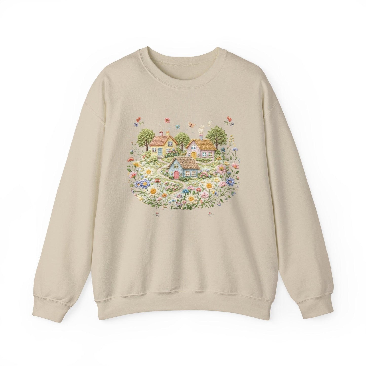 Cottage Garden Illustration Sweatshirt | Floral Village Scene, Cozy Spring