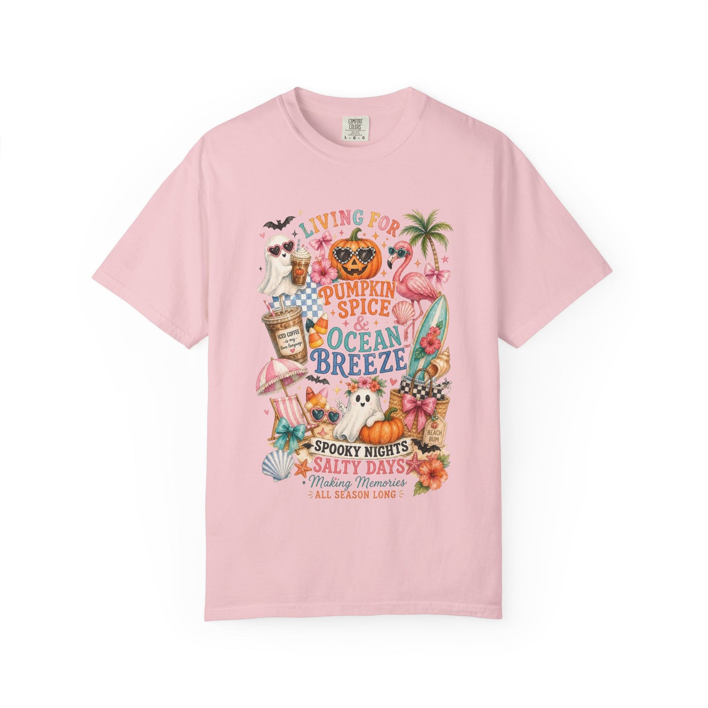 Pumpkin Spice & Ocean Breeze T-Shirt, Summerween Flamingo Shirt, Halloween Beach Tee, Tropical Spooky Season Graphic, Fall Vacation Shirt