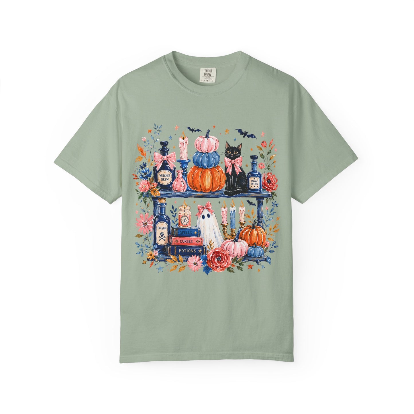 Autumn Apothecary Illustration T-shirt | Pumpkins, Black Cat, Potion Bottles