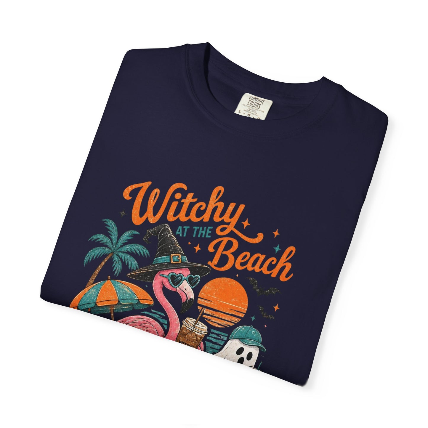 Witchy at the Beach T-shirt | Spooky Vibes Halloween Flamingo Design