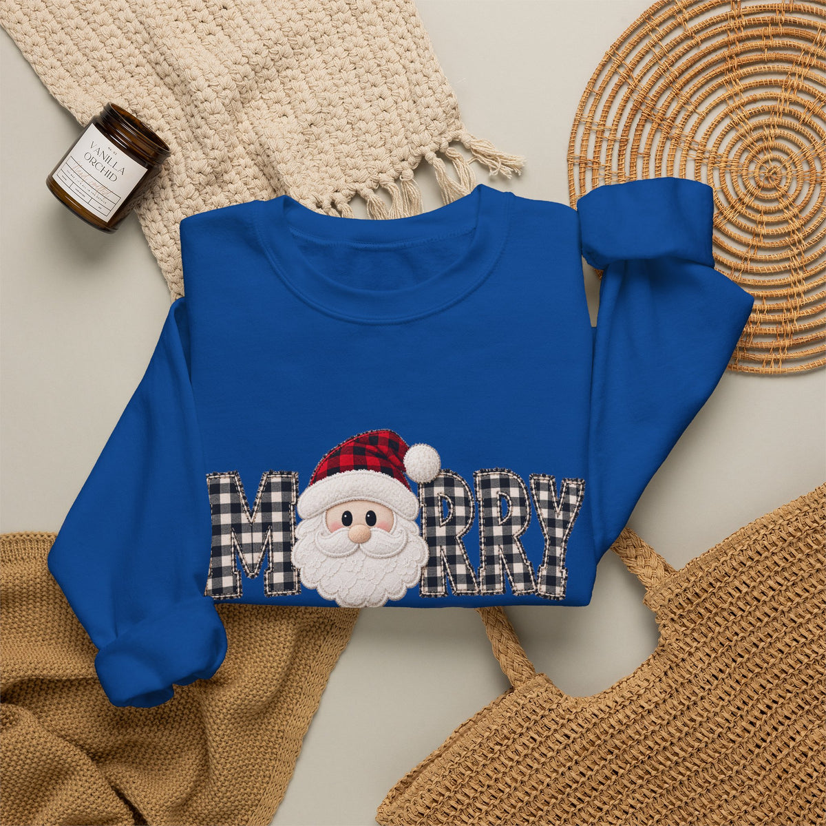Merry Christmas Sweatshirt, Santa Christmas Crewneck, Plaid Holiday Sweater, Cute Santa Shirt, Cozy Christmas Gift for Her