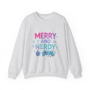 Festive Gamer Crewneck Sweatshirt - Merry and Nerdy, Unisex Sweatshirt, Holiday Apparel, Gaming Sweatshirt, Cozy Gift for Gamers