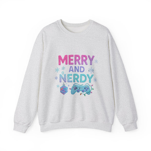 Festive Gamer Crewneck Sweatshirt - Merry and Nerdy, Unisex Sweatshirt, Holiday Apparel, Gaming Sweatshirt, Cozy Gift for Gamers