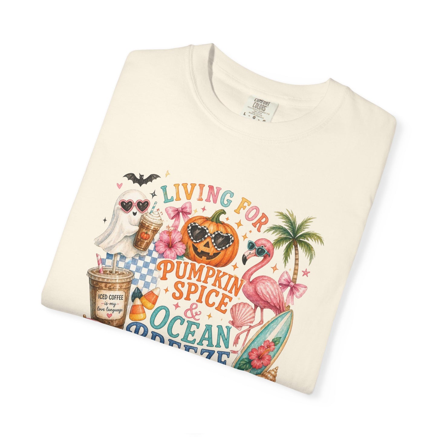Pumpkin Spice & Ocean Breeze T-Shirt, Summerween Flamingo Shirt, Halloween Beach Tee, Tropical Spooky Season Graphic, Fall Vacation Shirt