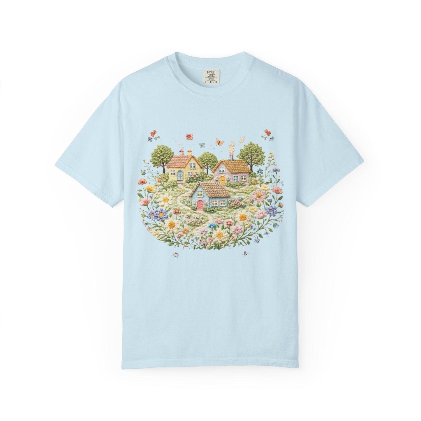 Cottage Garden Landscape T-shirt | Floral Village Illustration