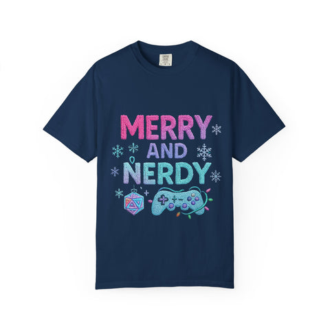Merry and Nerdy T-Shirt, Unisex Gamer Tee, Holiday Gaming Shirt, Fun Christmas Apparel, Gift for Nerds, Cozy Casual Style