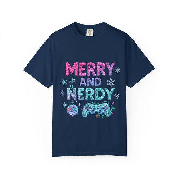 Merry and Nerdy T-Shirt, Unisex Gamer Tee, Holiday Gaming Shirt, Fun Christmas Apparel, Gift for Nerds, Cozy Casual Style
