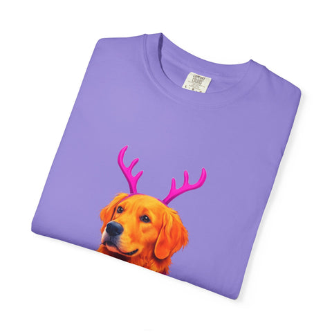 Golden Retriever with Antlers sweater T-Shirt | Neon Holiday Dog Design