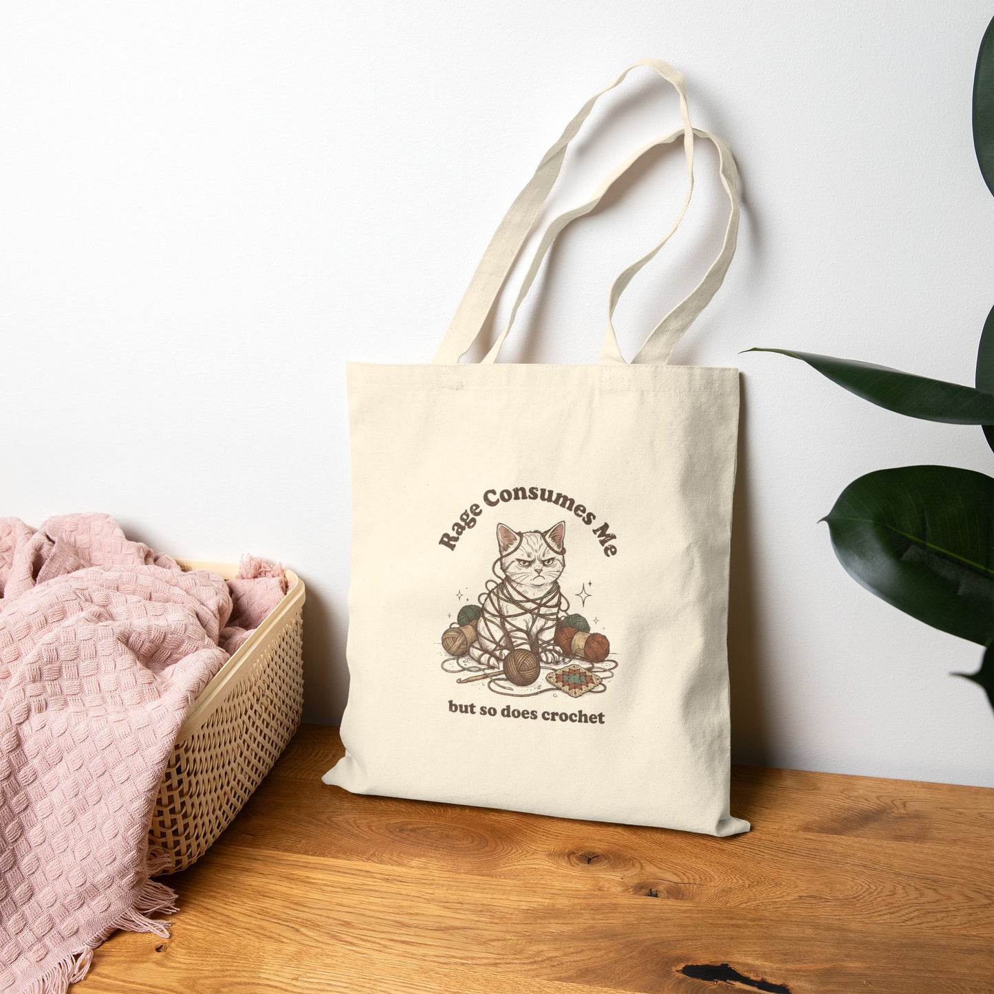 Rage Consumes Me Crochet Tote Bag, Funny Yarn Lover Canvas Tote, Grandma Hobbies Bag, Crochet Cat Market Bag, Knitting Gift