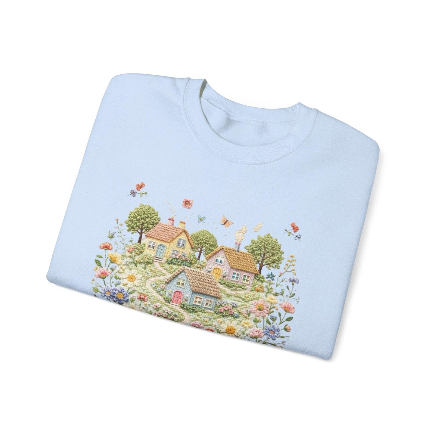 Cottage Garden Illustration Sweatshirt | Floral Village Scene, Cozy Spring