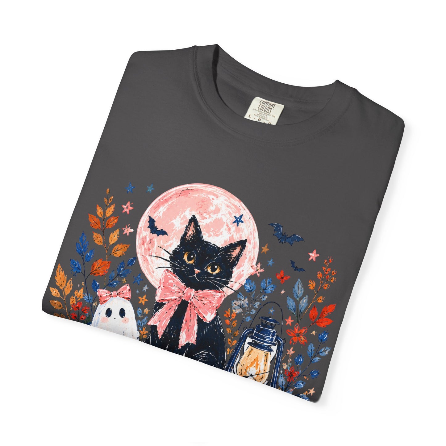 Black Cat with Pumpkins T-shirt | Halloween Moon Lantern Floral Design