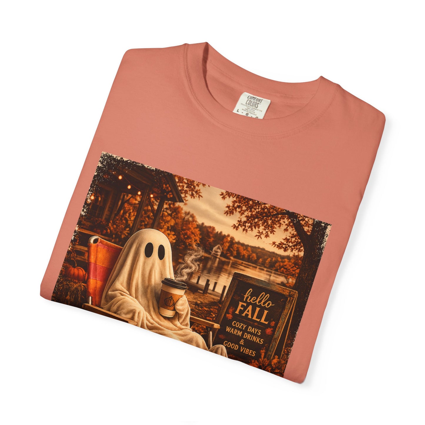 Cozy Ghost in Chair Fall T-shirt | Autumn Leaves, Retro Halloween Scene, Summerween