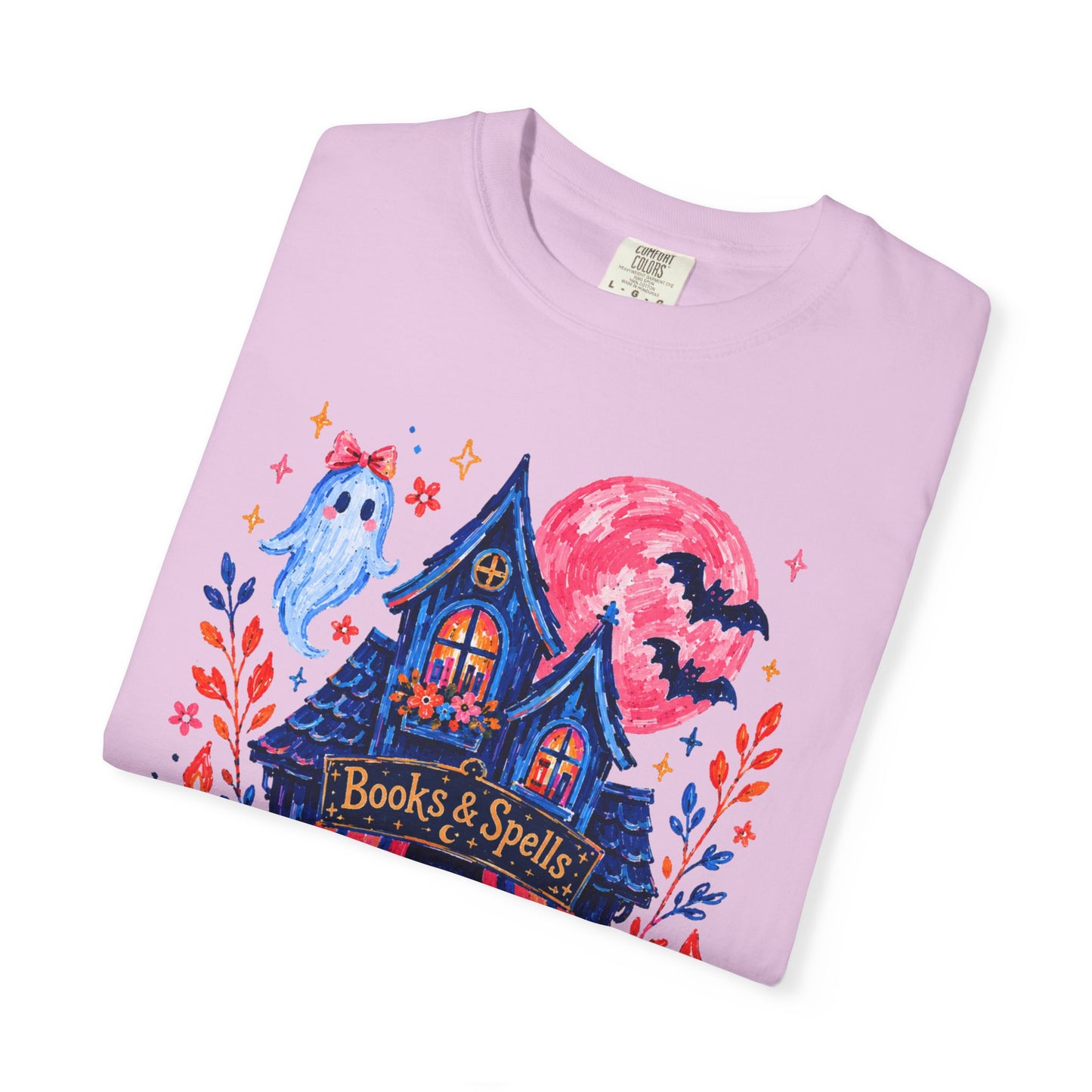 Books & Spells T-Shirt, Witchy Bookstore Halloween Shirt, Cozy Book Lover Tee, Black Cat Ghost Pumpkin Graphic, Booktok Fall Shirt