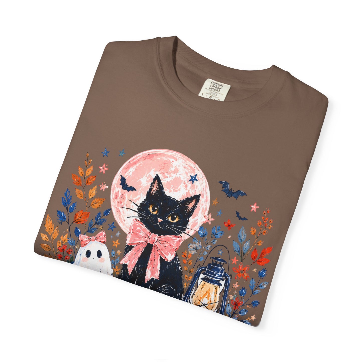 Black Cat with Pumpkins T-shirt | Halloween Moon Lantern Floral Design