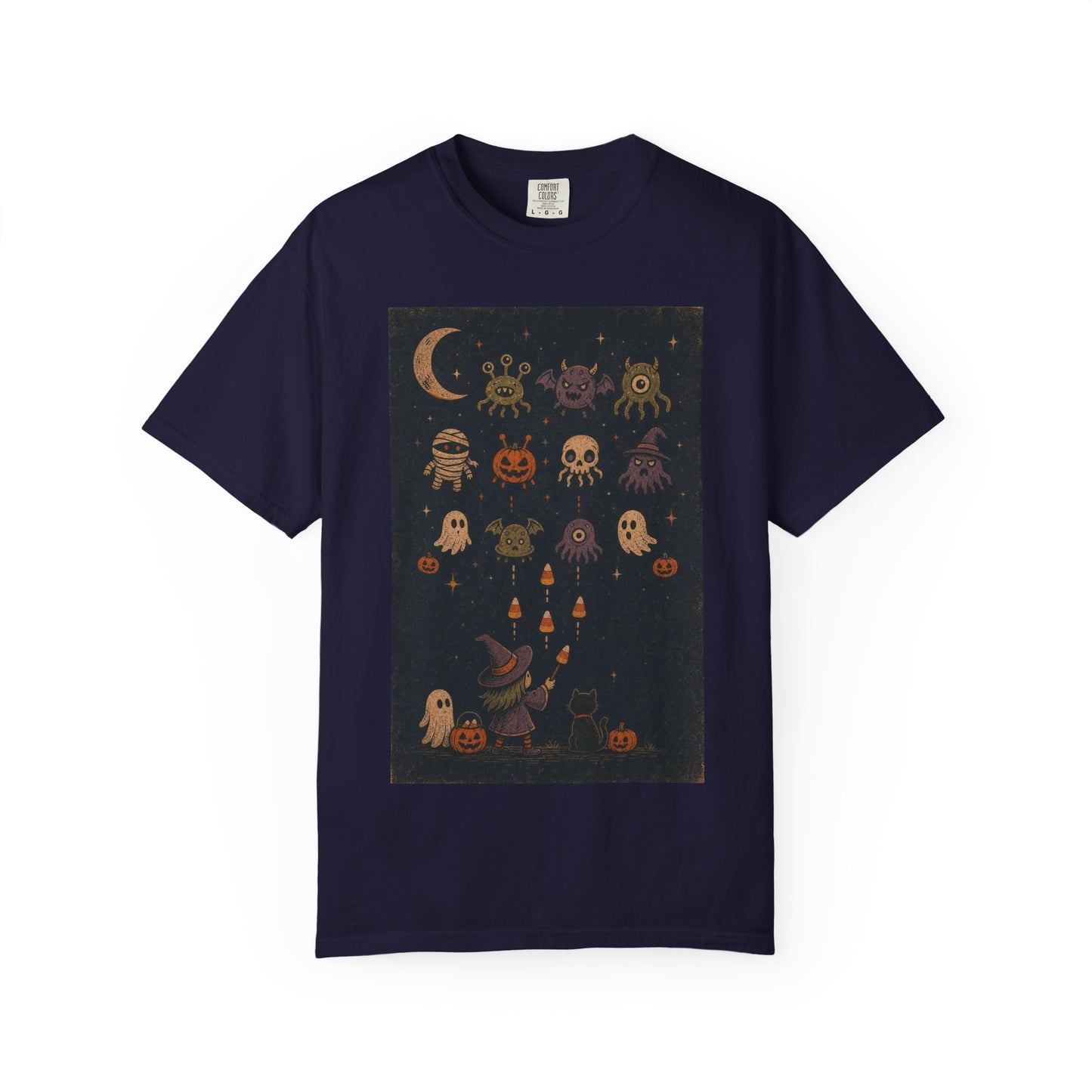 Cute Halloween Witch and Ghosts T-Shirt | Pumpkin Moon Spooky Illustration