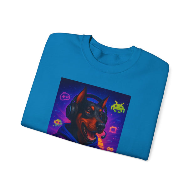 Gaming Doberman Graphic Crewneck Sweatshirt | Retro Arcade Dog Gamer