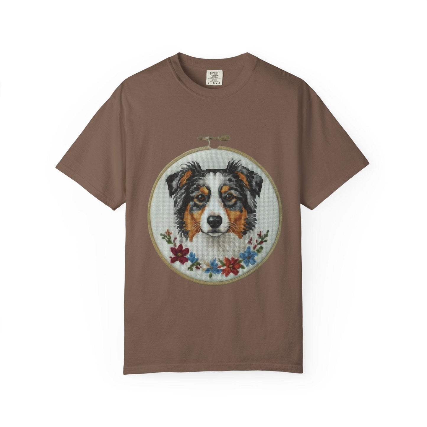 Australian Shepherd Portrait T-shirt | Embroidery Hoop Floral Design
