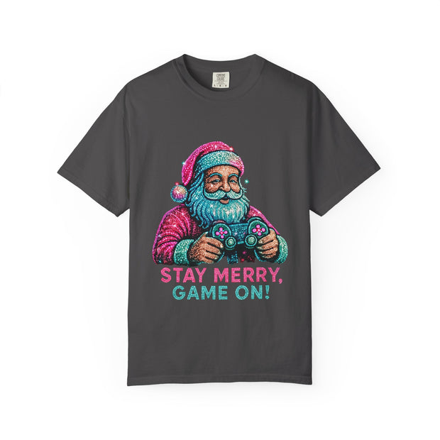 Stay Merry Game On Santa T-Shirt | Christmas Gaming Tee