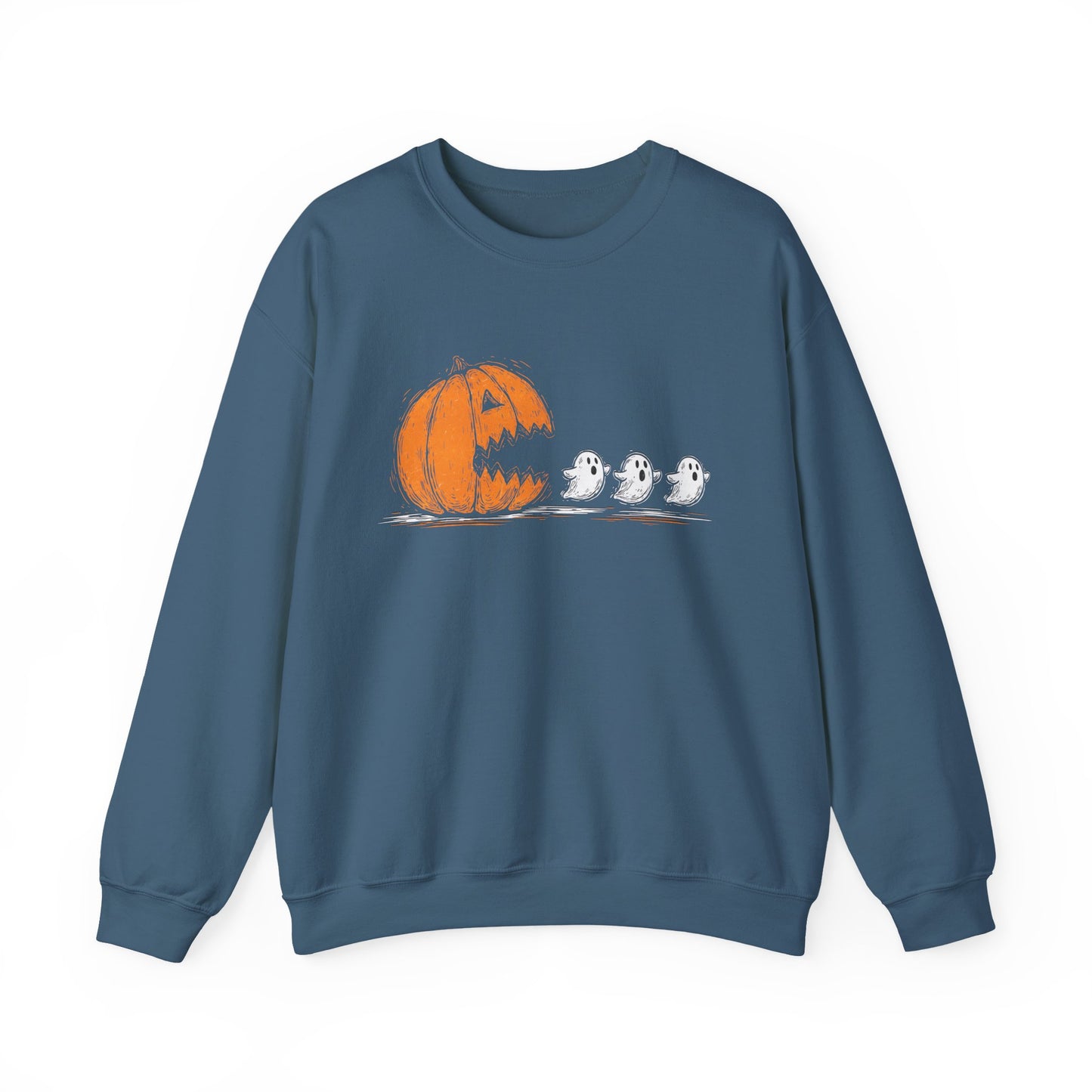Pumpkin and Ghosts Crewneck Sweatshirt | Halloween Pumpkin Ghost Illustration