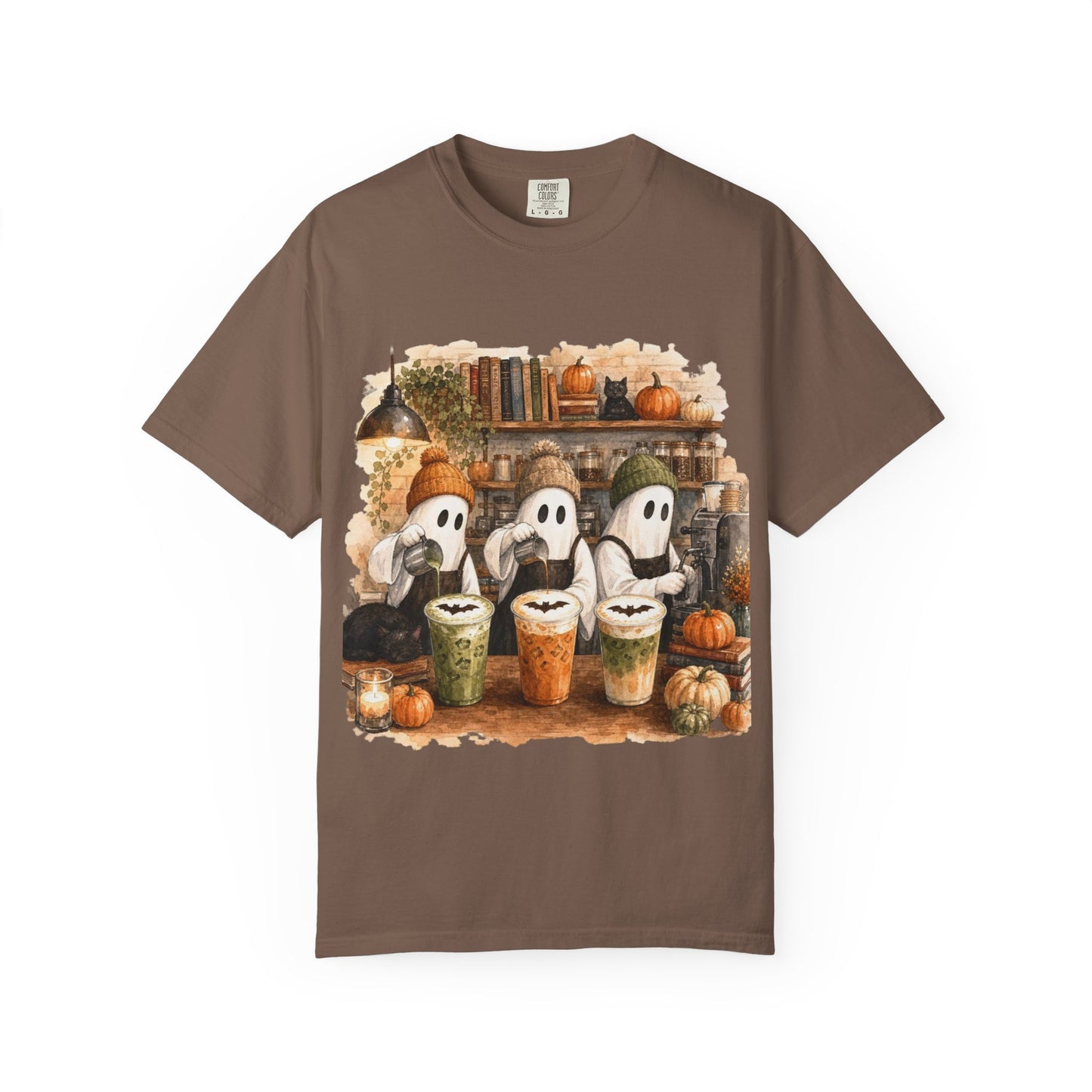 Ghost Trio with Pumpkin Lattes T-Shirt, Cute Halloween Coffee Shirt, Cozy Fall Ghost Tee, Pumpkin Spice Graphic, Autumn Coffee Lover Gift