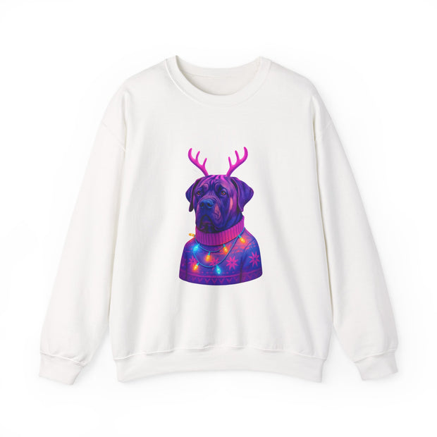 Neon Reindeer English Mastiff Sweatshirt | Dog with Antlers, Holiday Lights Sweater