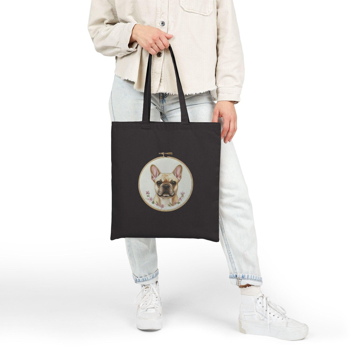 French Bulldog Portrait Tote Bag | Embroidery Hoop Dog Illustration