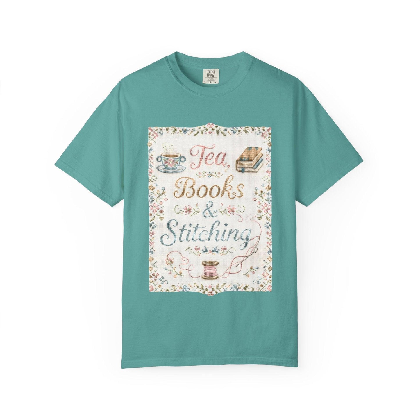 Tea Books & Stitching T-shirt | Reading, Sewing, Cozy Hobby Design