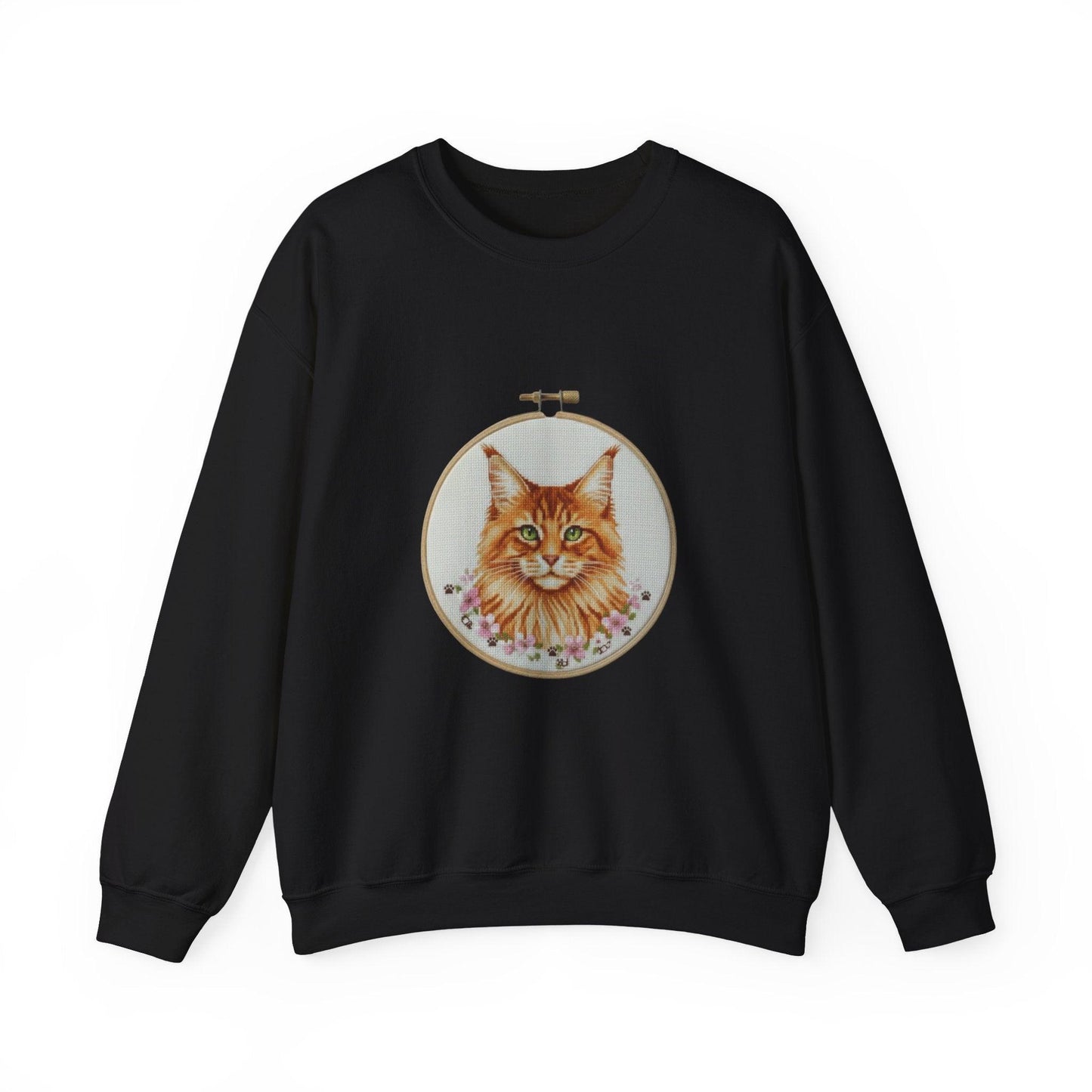 Orange Tabby Cat Sweatshirt, Cat Mom Gift, Cross Stitch Cat Portrait, Embroidery Hoop Floral Crewneck