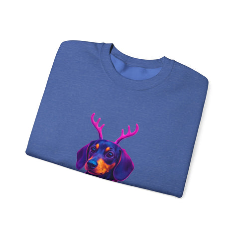 Dachshund Reindeer Sweater Crewneck Sweatshirt | Neon Holiday Dog Art