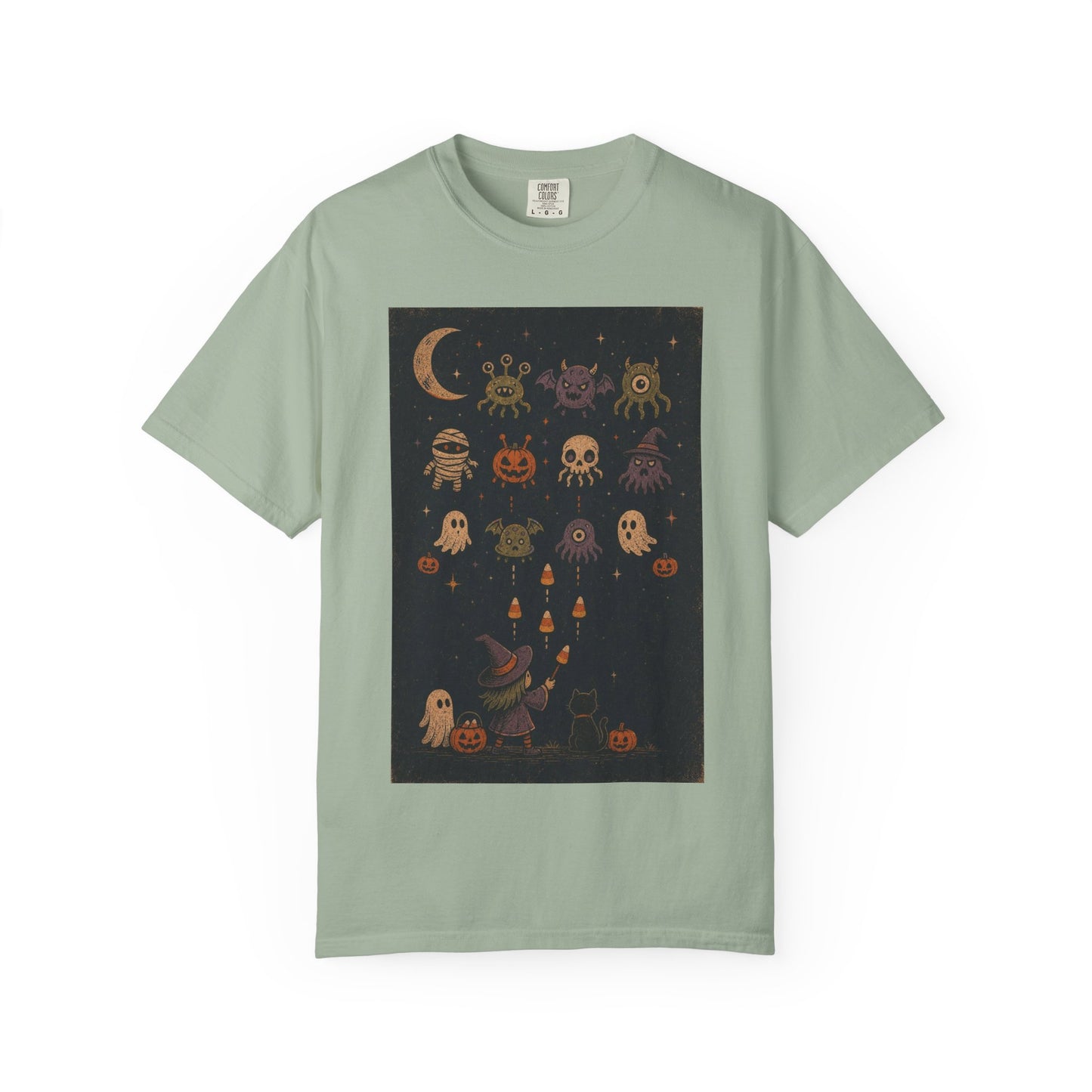 Cute Halloween Witch and Ghosts T-Shirt | Pumpkin Moon Spooky Illustration