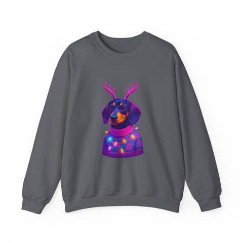 Dachshund Reindeer Sweater Crewneck Sweatshirt | Neon Holiday Dog Art