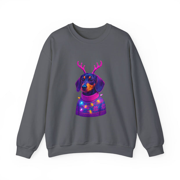 Dachshund Reindeer Sweater Crewneck Sweatshirt | Neon Holiday Dog Art