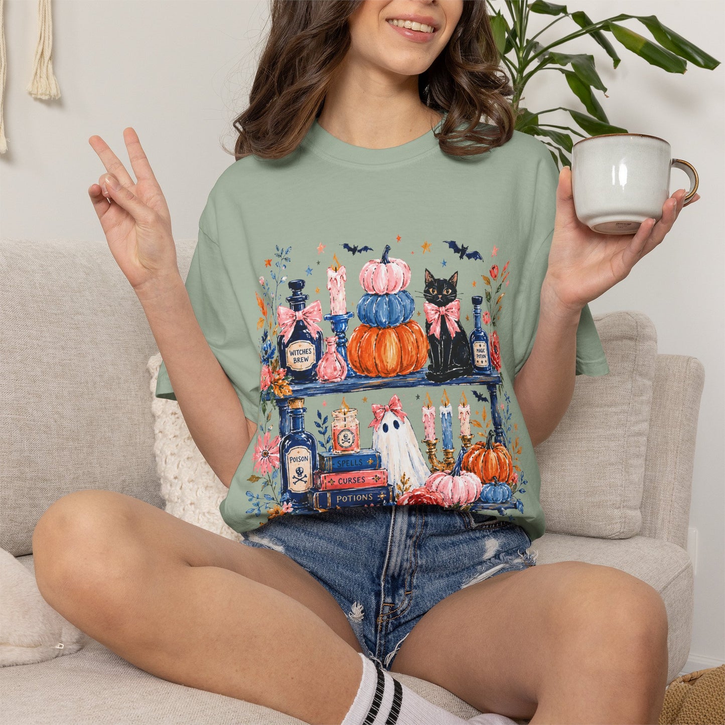 Autumn Apothecary Illustration T-shirt | Pumpkins, Black Cat, Potion Bottles