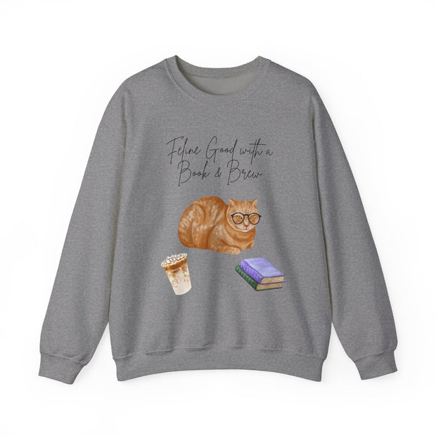 'Feline Good With A Book & Brew' Unisex Crewneck Sweatshirt