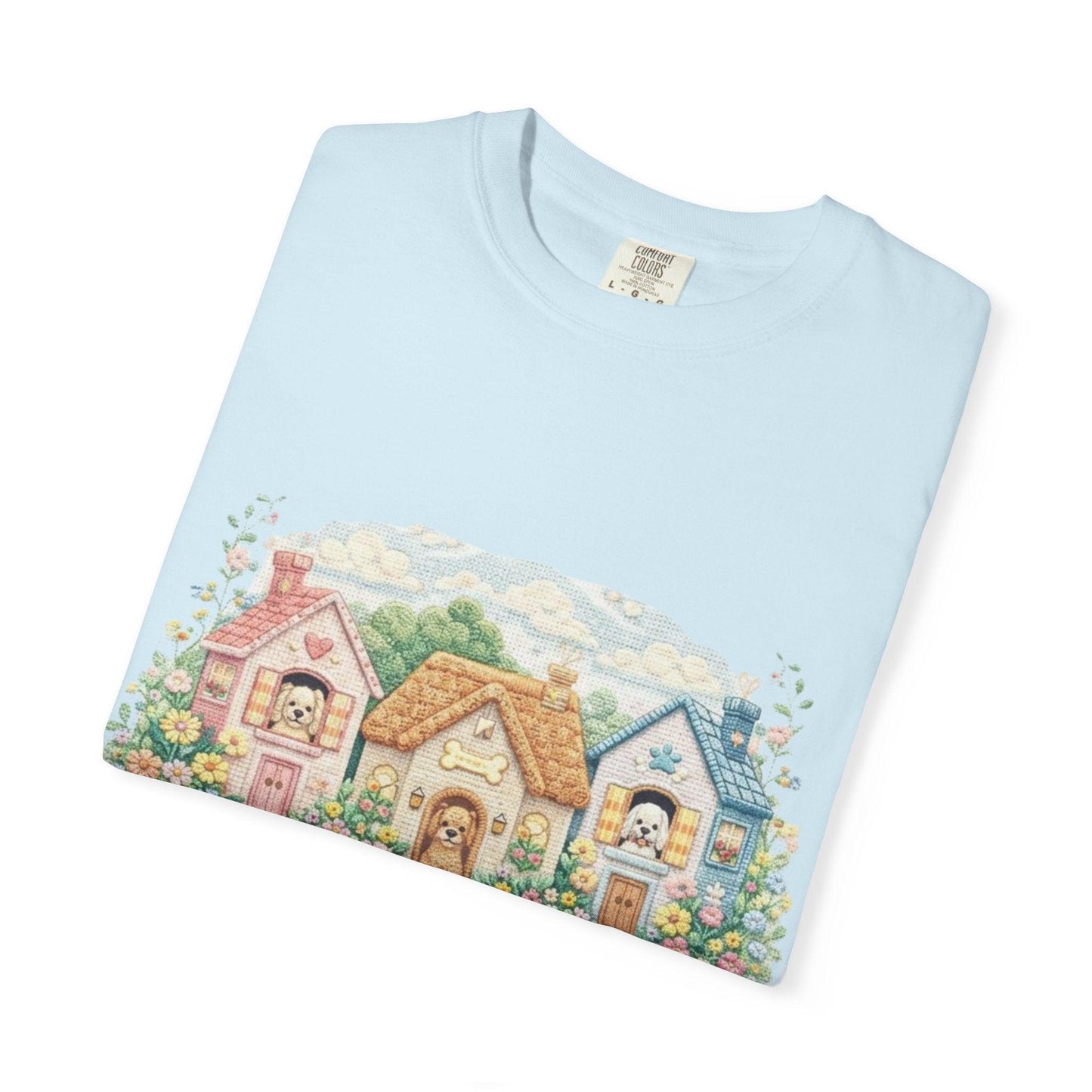 Cute Cottage Row illustration T-shirt | pastel village floral path