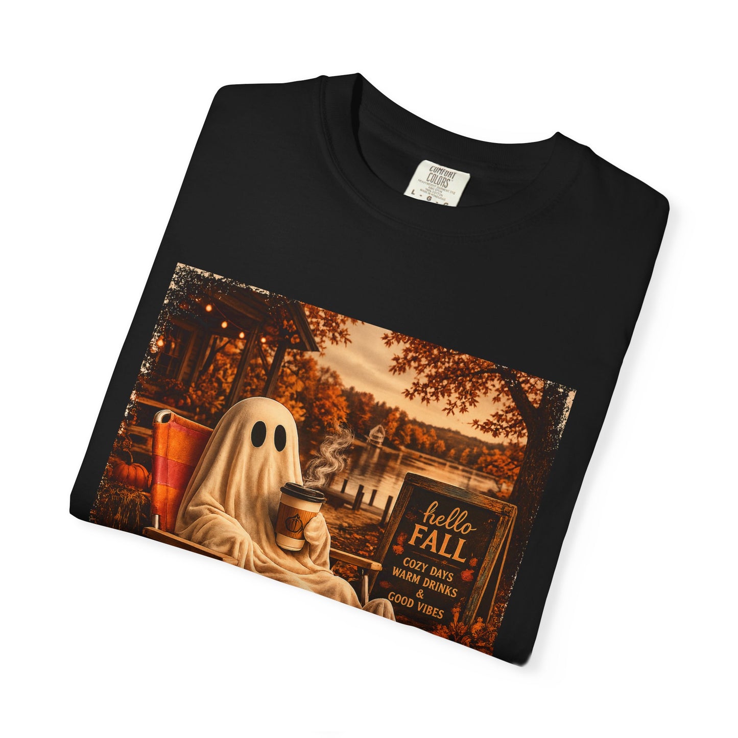 Cozy Ghost in Chair Fall T-shirt | Autumn Leaves, Retro Halloween Scene, Summerween