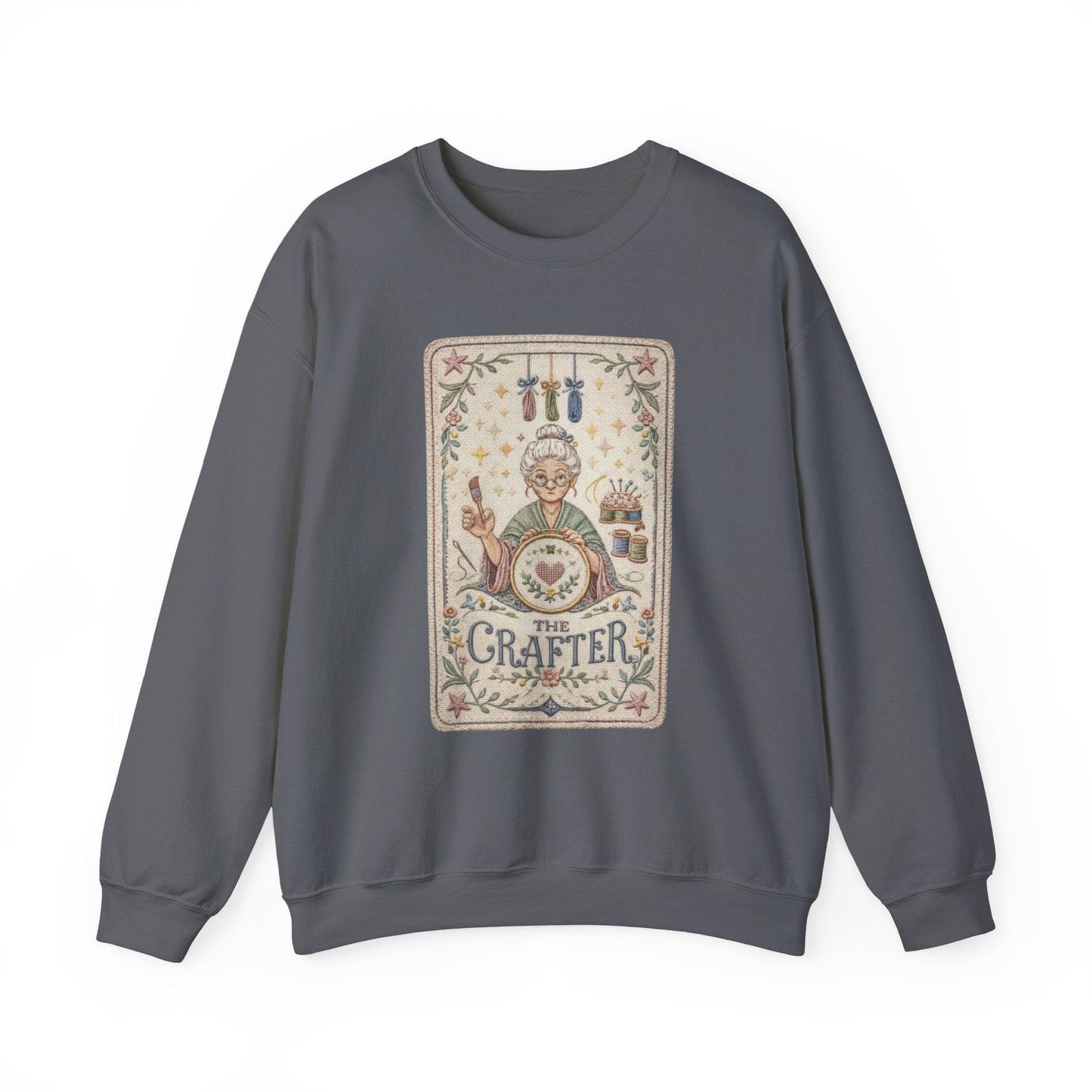 The Crafter illustration Crewneck Sweatshirt | Vintage craft tools, floral frame