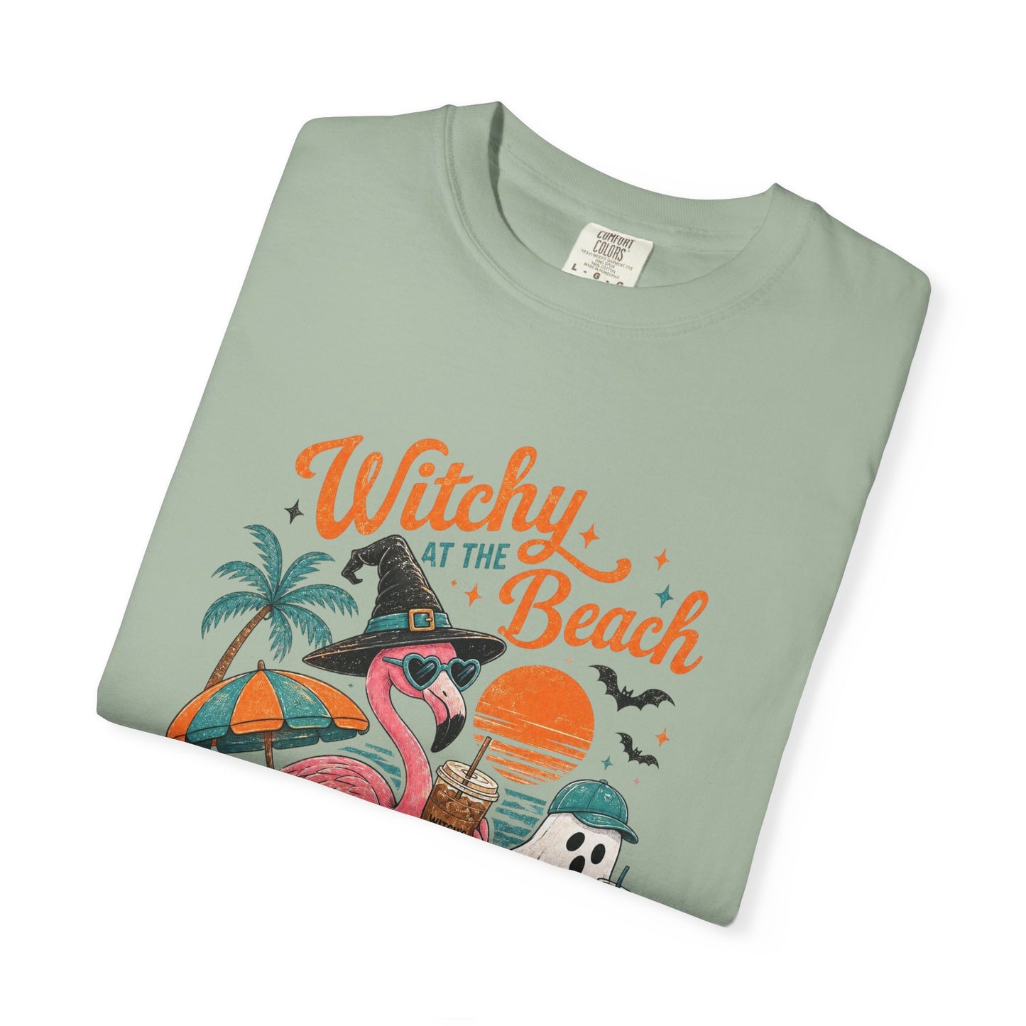 Witchy at the Beach T-shirt | Spooky Vibes Halloween Flamingo Design