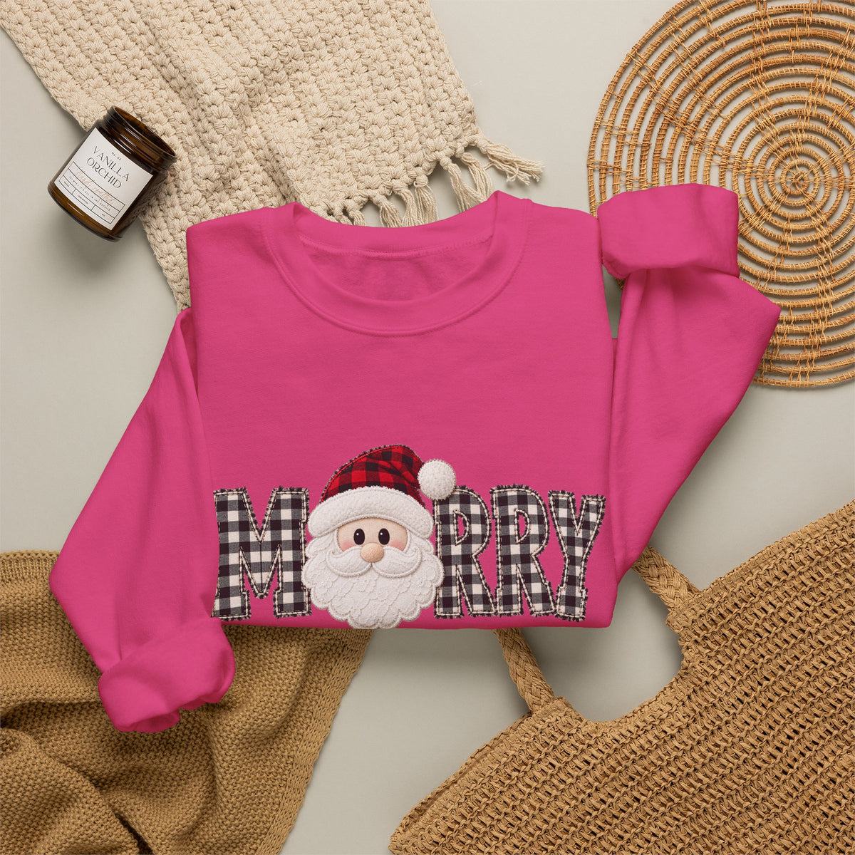 Merry Christmas Sweatshirt, Santa Christmas Crewneck, Plaid Holiday Sweater, Cute Santa Shirt, Cozy Christmas Gift for Her