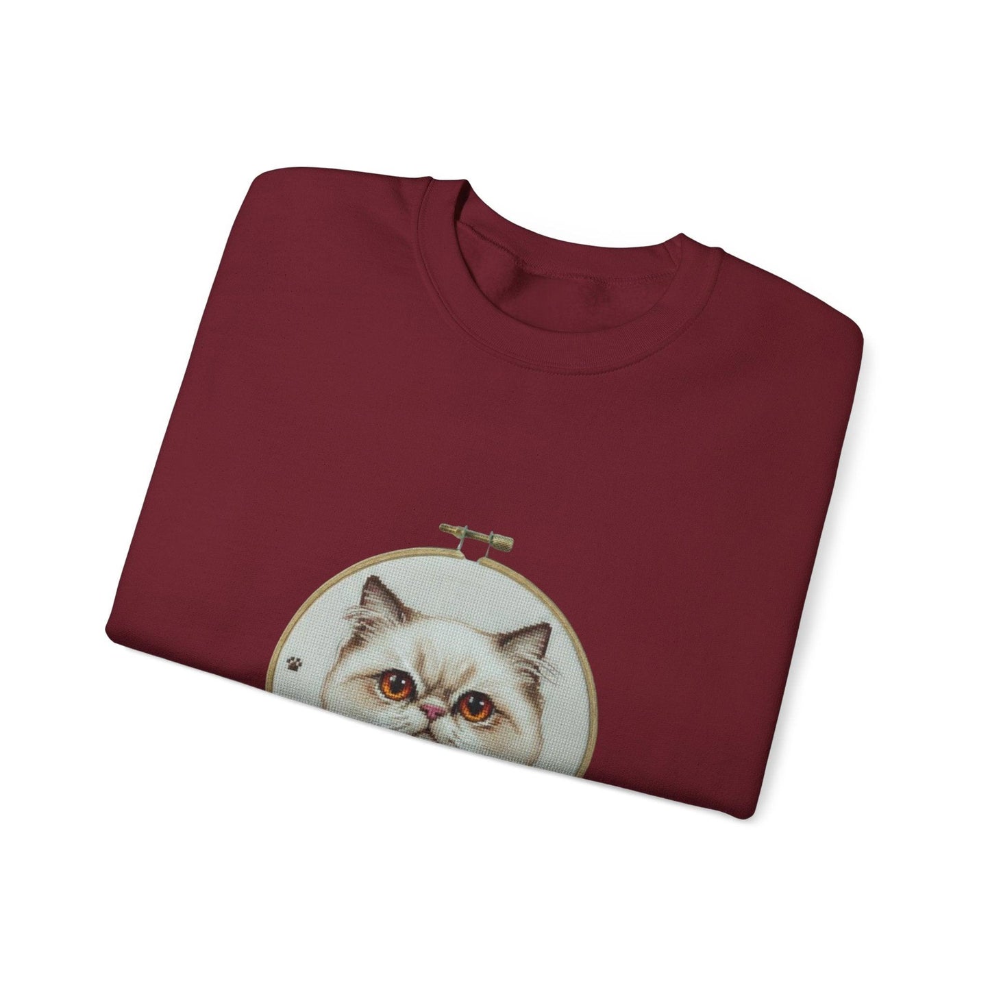 Grumpy Persian Cat Portrait Crewneck sweatshirt | Floral Embroidery Hoop Art